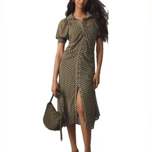 Anthropologie Puff-Sleeve Ruched Mesh Midi Shirt
Dress Women Sz 10 Green Floral